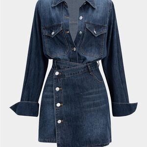Denim Button Long-Sleeve Top And High Waist Skirt